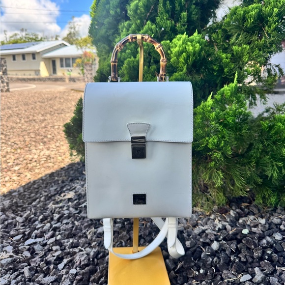 Dooney & Bourke (Made in Italy) Vintage White Leather Bamboo Handle Backpack - Picture 1 of 17